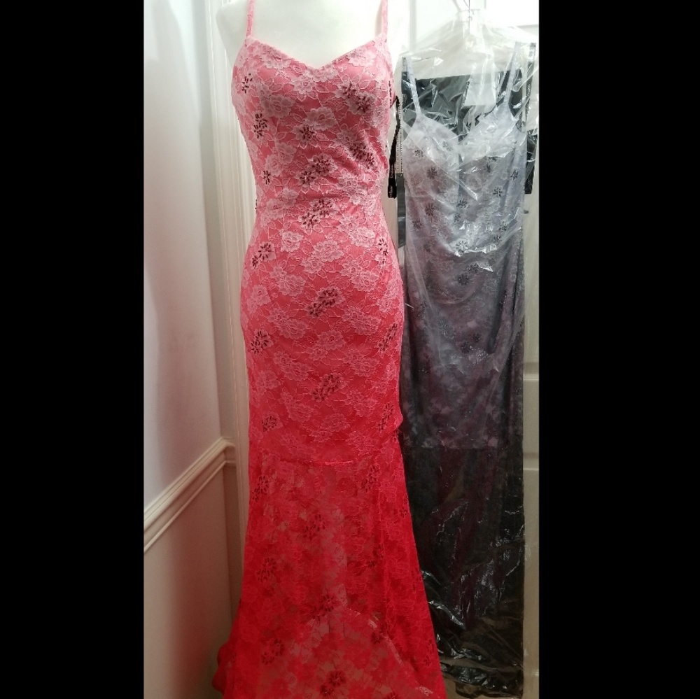Dalia Beaded Ombré Lace Gown w/Red Wrap, XS-ish